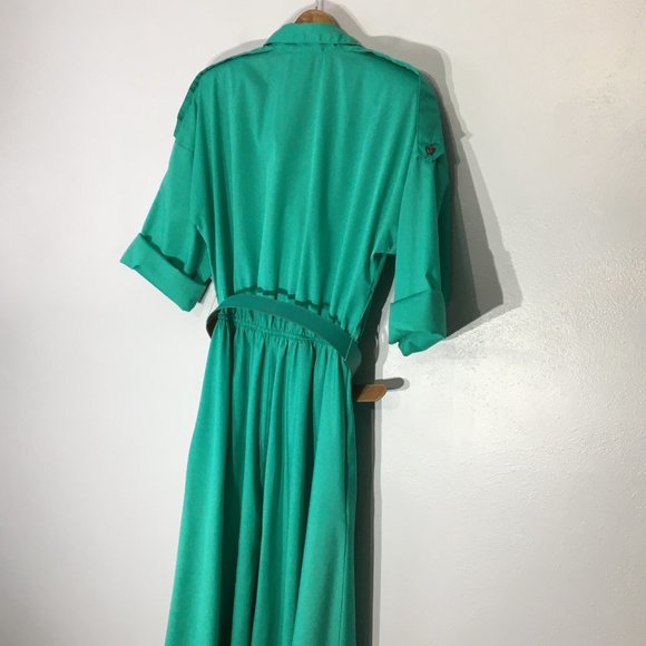 Vintage 80s Day Dress, Green Shirt Dress, Vintage Dress with Pockets Size Medium - Picture 6 of 14
